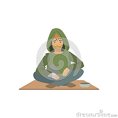 Young homeless man character sitting on the street with cup for money, unemployment male beggar needing help vector Vector Illustration