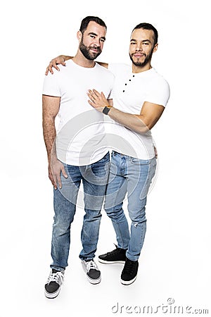 Young homosexuals gay couple love each other on a white background. Stock Photo