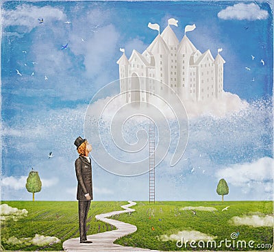 Young hopeful man look at the castle Stock Photo