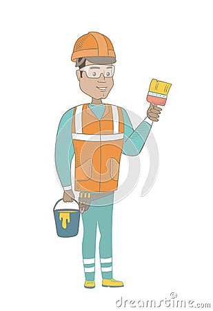 Young house painter with brush and bucket of paint Vector Illustration