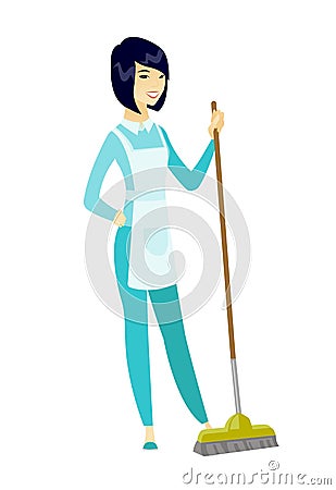 Young housemaid sweeping floor with a broom. Vector Illustration