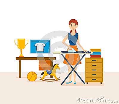 Young housewife engaged in household chores, cleaned, strokes things. Vector Illustration