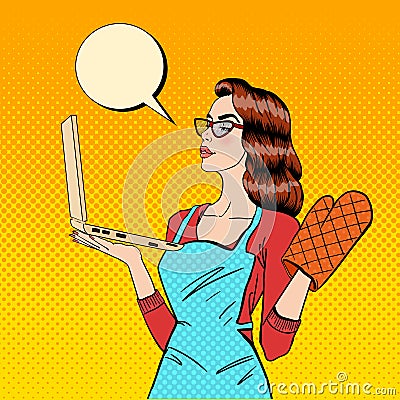 Young Housewife in Gloves and Apron with Laptop. Pop Art. Vector Vector Illustration