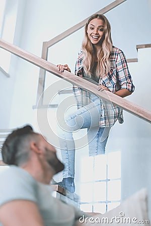 Young husband and wife in their new cozy apartment Stock Photo