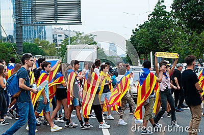 Barcelona, Spain - 14 october 2019: independentists block ronda litoral highway in protest against the prison sentence of catalan Editorial Stock Photo