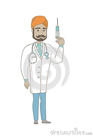 Young indian doctor holding syringe. Vector Illustration