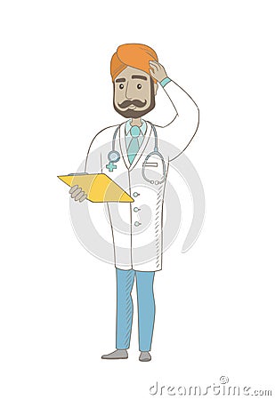 Young indian doctor scratching his head. Vector Illustration