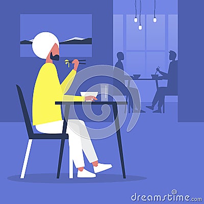 Young indian male character eating noodles with chopsticks inside a modern oriental restaurant, eating out Vector Illustration