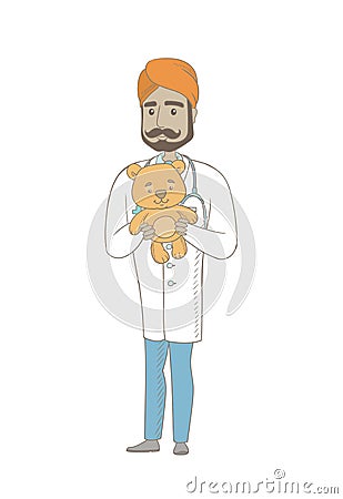 Young indian pediatrician holding teddy bear. Vector Illustration