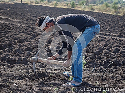 Young indinan farmer digging in the field at latur, maharashtra Editorial Stock Photo