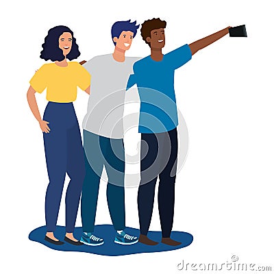 young interracial friends people taking a selfie Cartoon Illustration