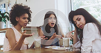 Young irritated girls at a loss from the actions of a friend Stock Photo