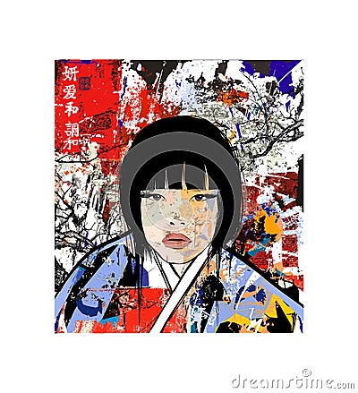 Young japanese girl in traditinal kimono Vector Illustration