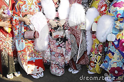 Japanese young women wearing traditional kimono Stock Photo