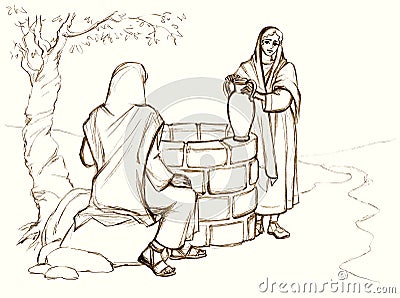 Christ and the Samaritan Woman at the Well. Pencil drawing Stock Photo