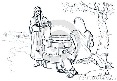Christ and the Samaritan Woman at the Well. Pencil drawing Stock Photo