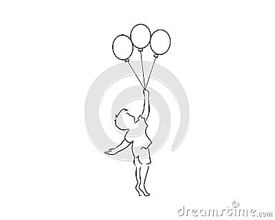 A Young Kid is Holding Flying Balloons Vector Illustration