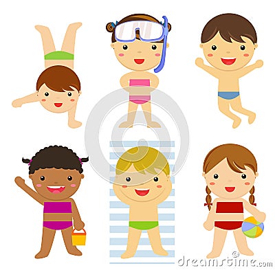 Young kids in swimsuits playing Vector Illustration