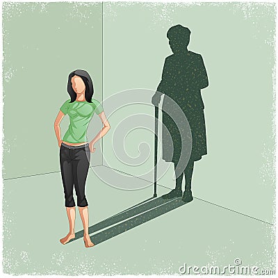 Young lady casting shadow of old woman Vector Illustration