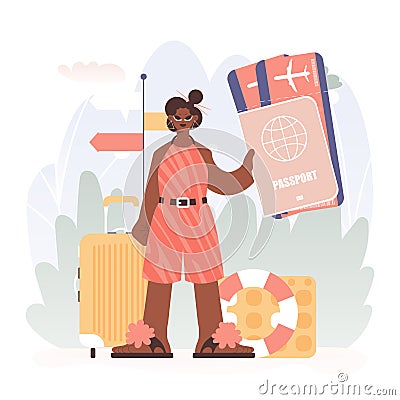 Young lady Getting a handle on Her Passport and Conversation approximately Tickets, Setting out on a Travel Filled with Vector Illustration