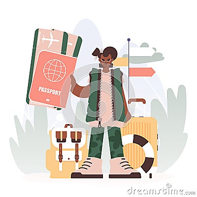 Young lady Getting a handle on Her Passport and Conversation for the foremost portion Tickets, Vector Illustration