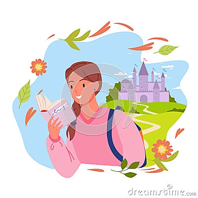 Young lady reading book with tales Vector Illustration