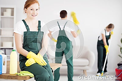 Lady resting after finishing task Stock Photo