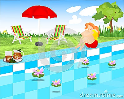 Young lady sitting near the swimming pool, cdr Vector Illustration