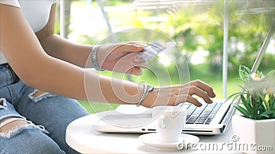 The young lady typing and transaction credit card on laptop Stock Photo