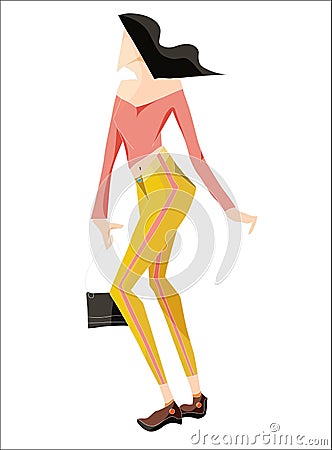 Young lady wearing short jean and crop topï¼Œ walking and holding a bag Cartoon Illustration