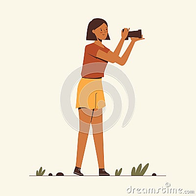 Young lady, woman with a photo camera, photographer, tourist Vector Illustration