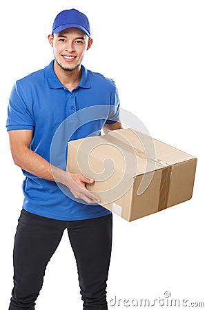 Young latin man delivering parcel delivery service package order job education isolated on white Stock Photo
