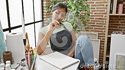 Young latin woman artist drawing on notebook thinking at art studio Stock Photo