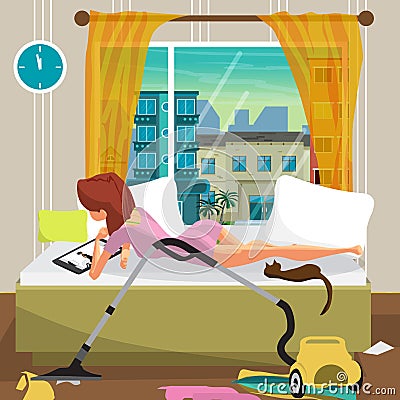 Young lazy woman lies on the bed and looks at the movie on the t Vector Illustration