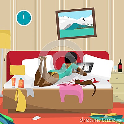 Young lazy woman lies on the bed and looks at the movie Vector Illustration