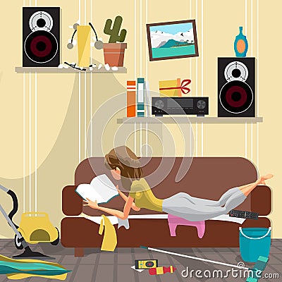 Young lazy woman is lying on the couch and reading a book. Lazy Vector Illustration