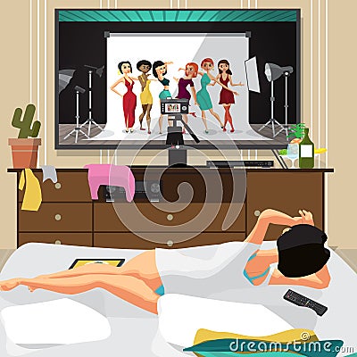 Young lazy woman is lying on the couch and watching a movie Vector Illustration