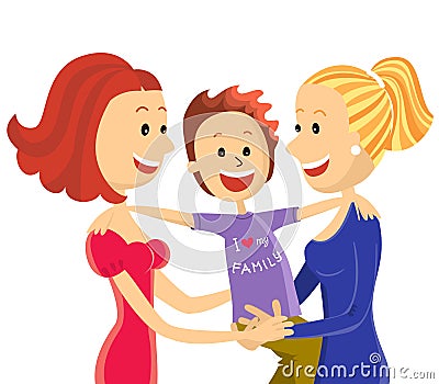 Young lesbian couple family with son Vector Illustration