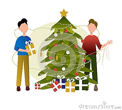 Young LGBT couple decorates Christmas tree Vector Illustration