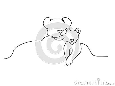 Young lioness with lion cub. Mother and baby family love. Mother day concept. Vector Illustration