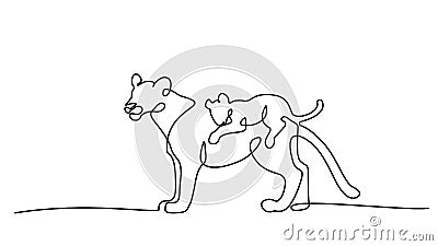 Young lioness with lion cub one line drawing Vector Illustration