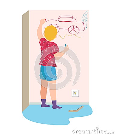 Young little kid boy draw wall room, creativity children idea painting vehicle car chalk cartoon vector illustration Cartoon Illustration