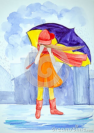 A young lonely girl with a purple big umbrella stands in the rain in the city among the buildings. Dressed in a light orange dress Cartoon Illustration