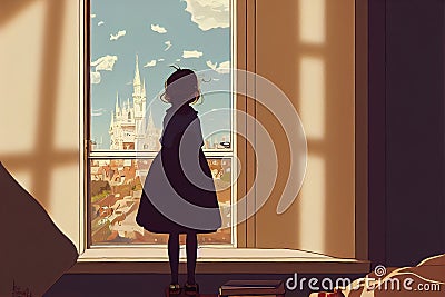 young lonely girl watching out the window, daydreaming, ai generated image Cartoon Illustration