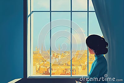 young lonely woman watching out the window, vector illustration, ai generated image Cartoon Illustration