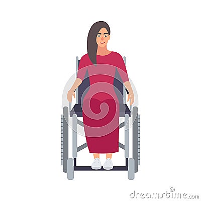 Young long-haired beautiful woman wearing pink dress sitting in wheelchair. Female cartoon character with physical Vector Illustration