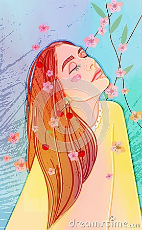 a young long-haired girl with closed eyes Cartoon Illustration