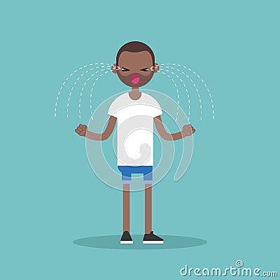 Young loudly crying black man clenching his fists Vector Illustration