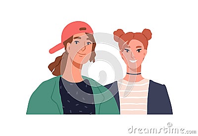 Young love couple portrait. Modern youth, man and woman friends. Happy girl and guy. Female and male characters faces Cartoon Illustration