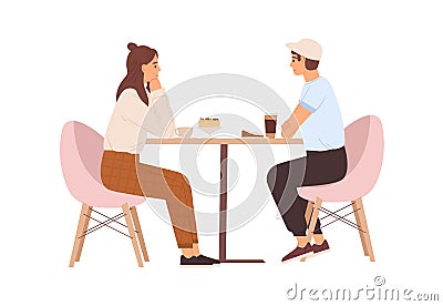 Young love couple sitting at table with coffee in cafe. Date of happy enamored man and woman. Romantic dating of people Vector Illustration